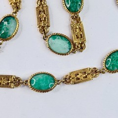 Vintage Accessocraft NYC Gold Tone Green Slag Glass Link Necklace 30” Pat Pend