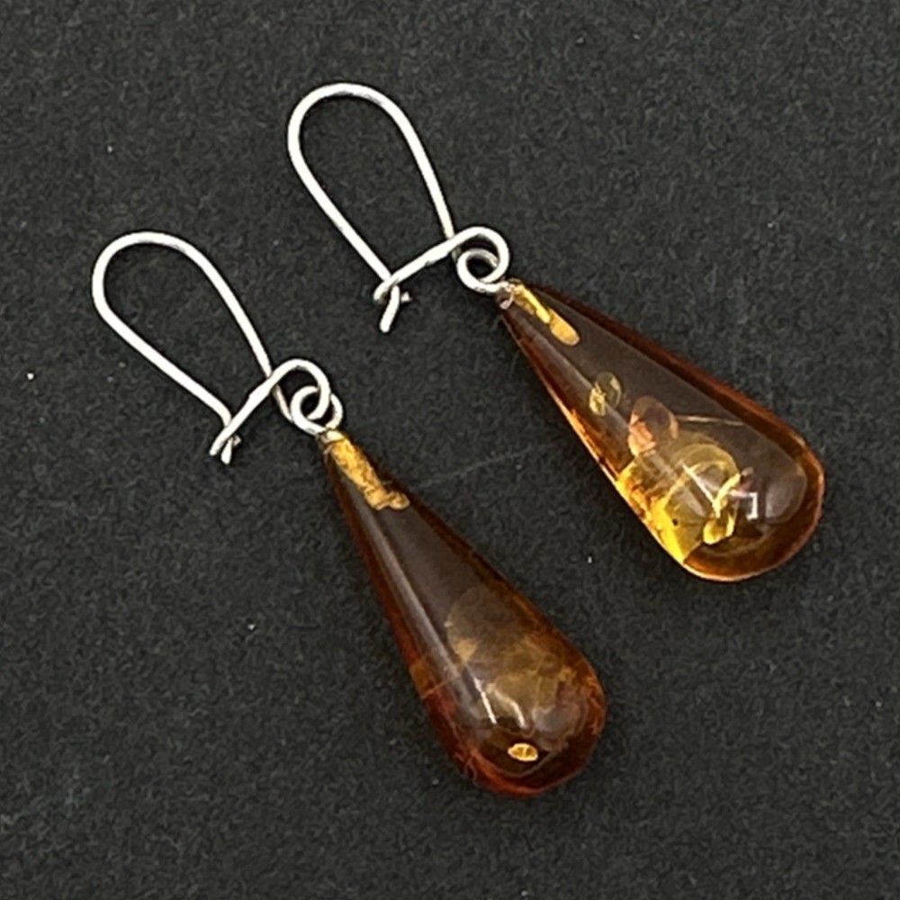 BALTIC AMBER teardrop earrings – sterling silver lever-back cognac dangle drop