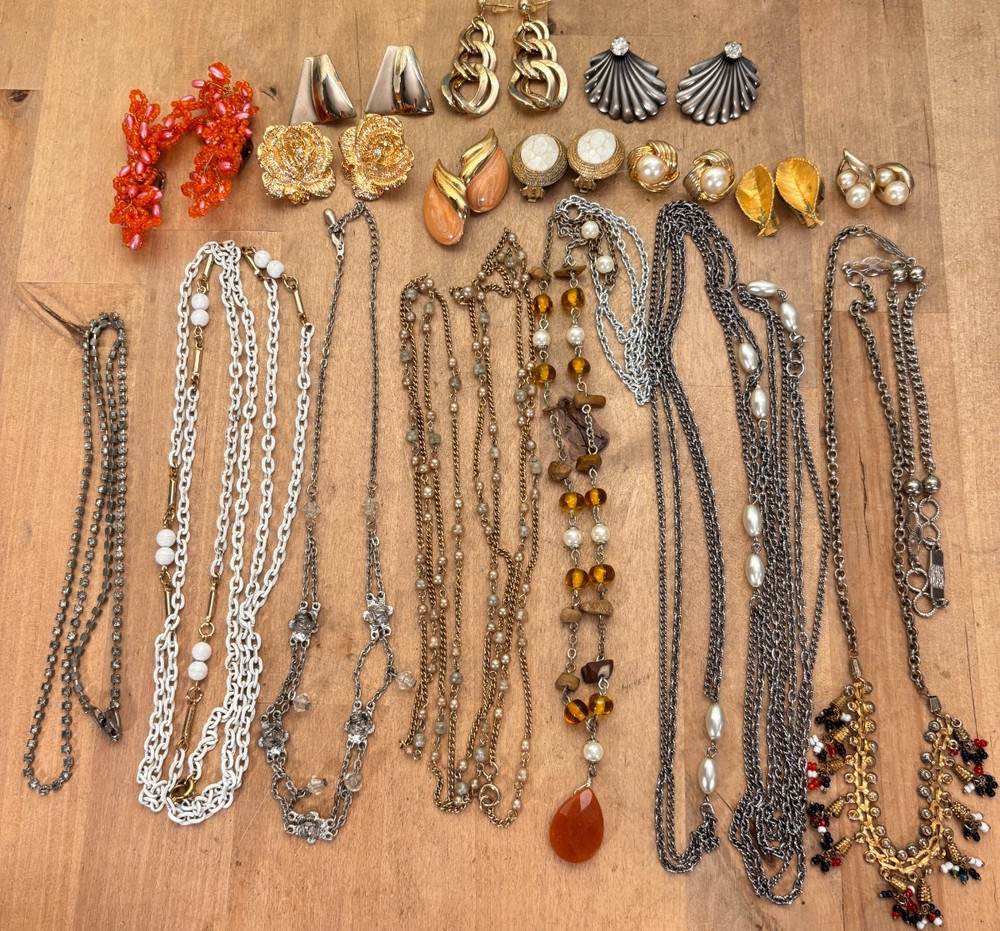 Large Lot of Costume Jewelry, Chains and Fringe Necklace, 10 Pairs Earrings