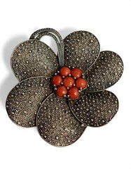 Theodor Fahrner Silver Brooch PIN 925 Markasite and Coral