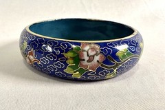 Vintage Wide Floral Blue Background Cloisonne Bangle Bracelet 3 1/8” Diameter