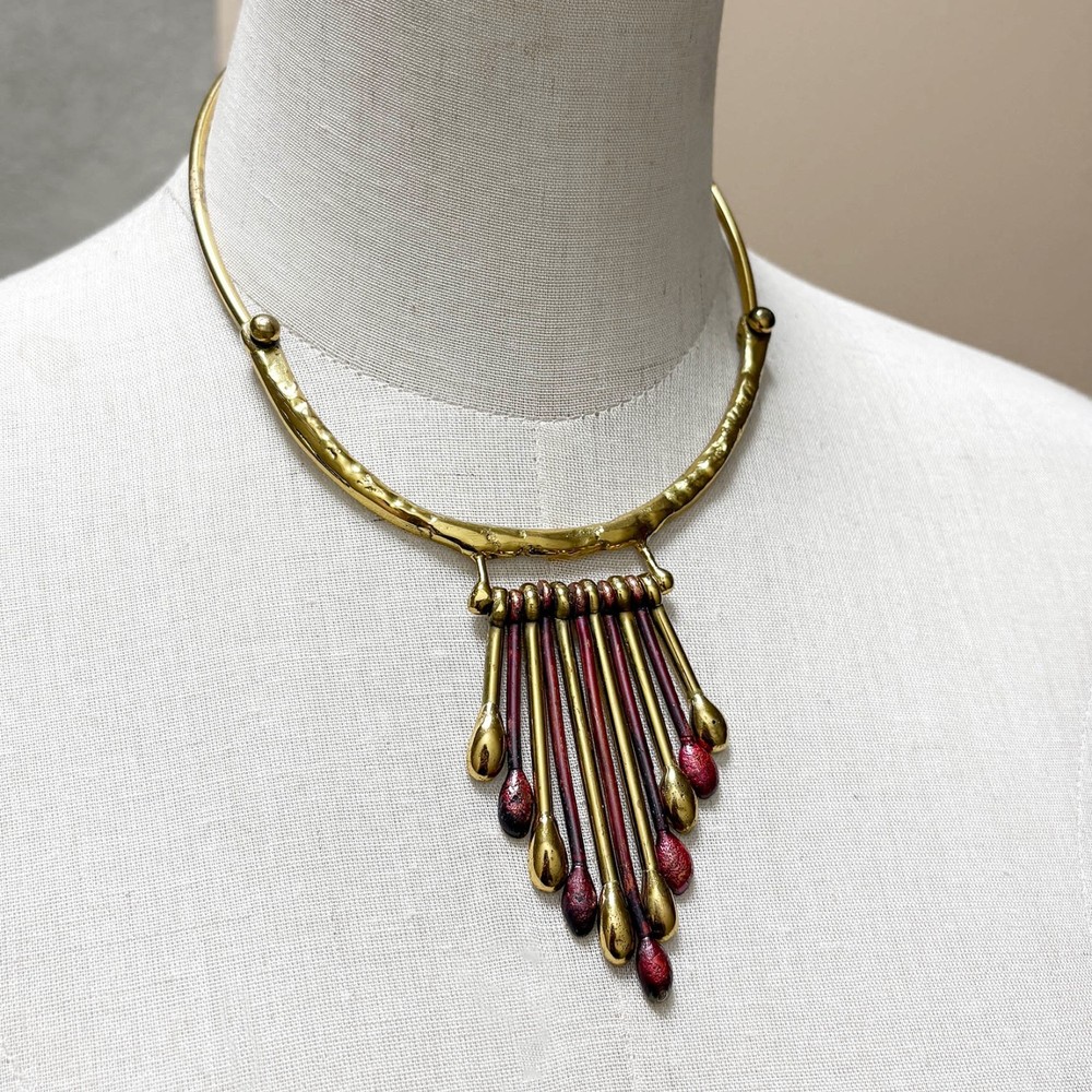 Vtg 1970s KINETIC MODERNIST “Matchstick” NECKLACE Brutalist Copper Brass Mexican