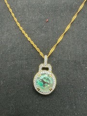 JTV Foil Glass Silver 925 Pendant Necklace Green Aventurine Flake Gold Tone 19″