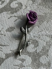 Vintage Jezlaine Signed 925 Sterling Silver Purple Long Stem Rose Brooch Pin 1″