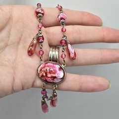 VTG Czech Style Pink Foil Glass Necklace Dangle Art Deco Bohemian 1920’s 16.5″