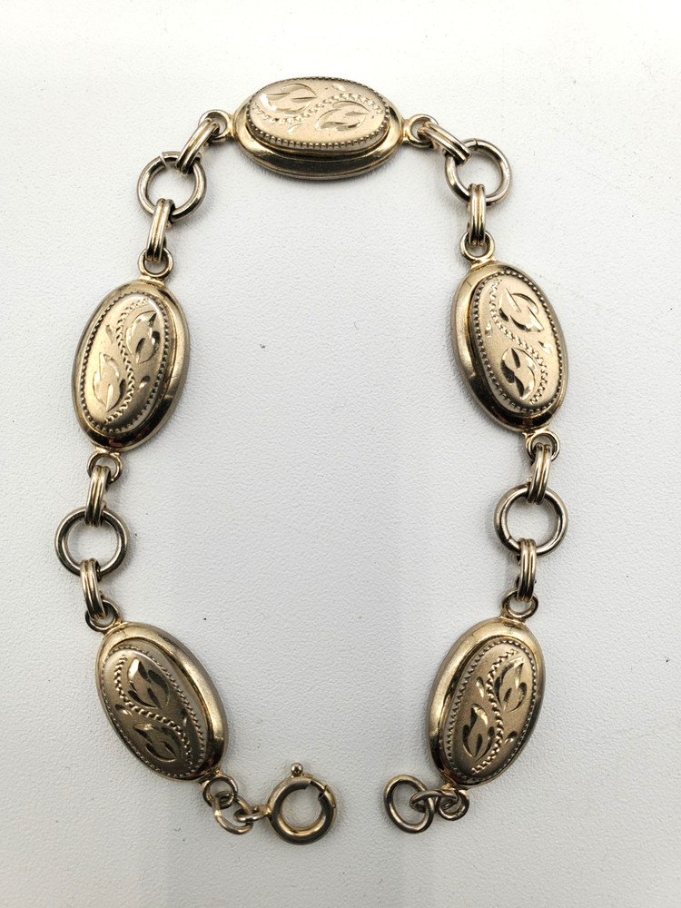 Vintage 12K Gold Filled Engraved Oval Link Bracelet Elegant Etched 14.4g
