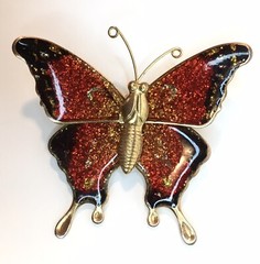 Vintage Gold Tone Sparkle Orange Red Black Butterfly Insect Brooch Pin Pendant
