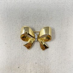 Gold-Tone Bow Brooch With Rhinestone Accents Marked