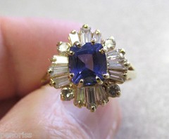 Cushion Cut Gem Tanzanite & Baguette Diamond Ring 14k Gold size 8 Make Offer