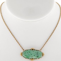 Vintage 1900s Carved Oval Jadeite Jade 56 Natural Pearl 14k Pendant 17 In Chain