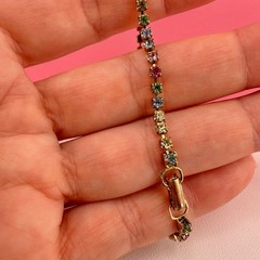 Vintage Rhinestone Bracelet Pastel Multi Color Gold Tone Tennis Cup Chain 6.75″