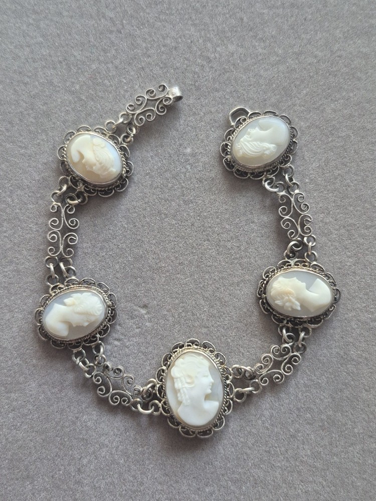 Ornate Antique 800 Silver Filigree shell Carved Cameo Link Bracelet: 7.5” Long
