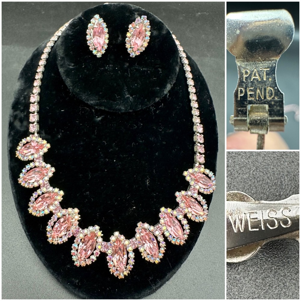 Vintage 1940-1950 WEISS Pink Rhinestone Necklace & Clip-On Earrings Set Jewelry