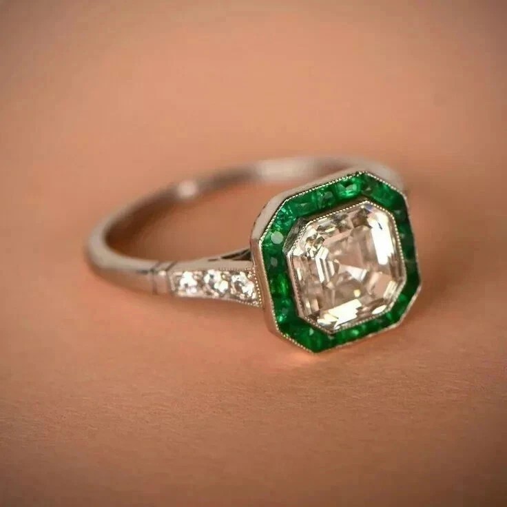 Art Deco Style 3Ct Asscher Lab Created Diamond Engagement 14K White Gold FN Ring
