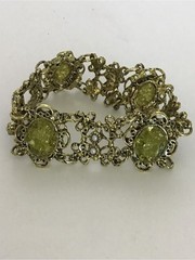 Vintage Selro Selini Style Green Stone Chip & Faux Pearl Panel Link Bracelet