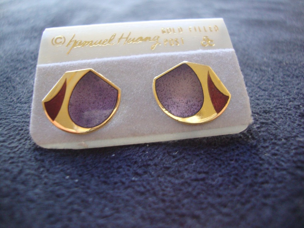 VINTAGE SAMUEL HUANG DESIGNER CLOISONNE RETRO MOD PURPLE & RED STUD EARRINGS