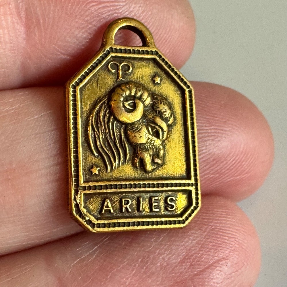 Vintage 1930s-1940s Zodiac Brass Charm ARIES Gold Tone Astrology NOS