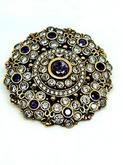 Vintage Silver Brooch Plated With Gold Water Set With Zrconia And Amethy Stones.