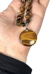 Vintage TIGERS EYE Stone Round Bead Dangle Disk Pendant Necklace Spacer Beads