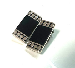 Black Onyx Art Deco Clip On Earrings Geometric Vintage Sterling Silver 925 #05