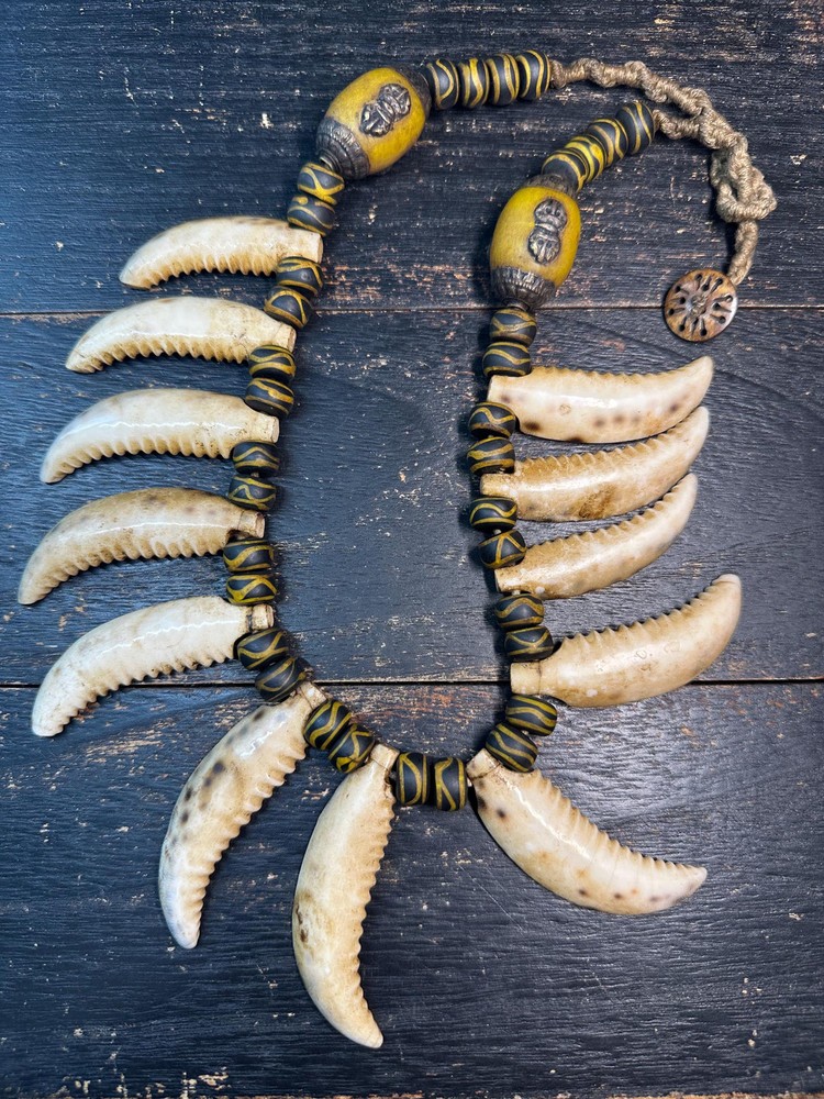 Vintage Nepal Shell Tusk Necklace • Himalayan Tribal Statement Necklace • Handc