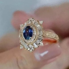 Art Deco Style Oval Sapphire Lab Created Diamond 14K Yellow Gold FN Wedding Ring