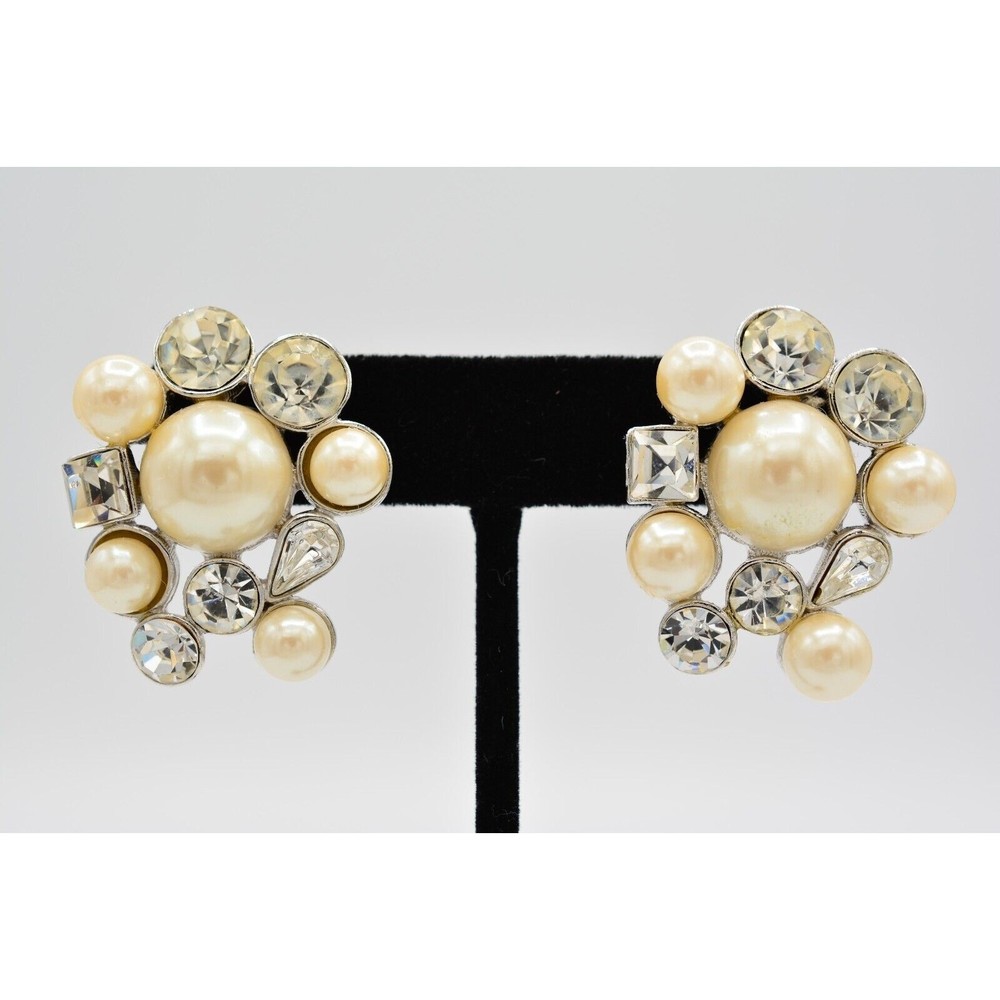 Vintage Crystal Cluster Earrings Chunky Rhinestone Pearl Heavy Bridal NOS 1980s