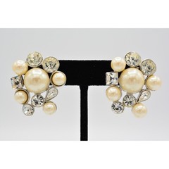 Vintage Crystal Cluster Earrings Chunky Rhinestone Pearl Heavy Bridal NOS 1980s