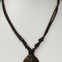 Tigers Eye Pendant Necklace Gold Round Donut Brown Cord Amulet Bohemian 16″