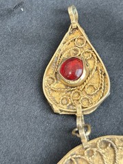 Vintage Brass Persian Kashmir Gemstone Necklace Hammered Bib Statement No Chain
