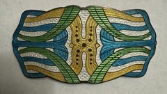 Gorgeous Antique Deco Large Sterling Blue Green White Yellow Enamel C-Clasp Pin