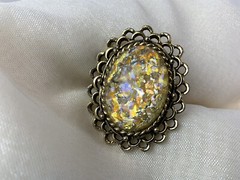 Vintage Brass Tone Chunky Lucite Glitter Crackle Ring One Size Fits All