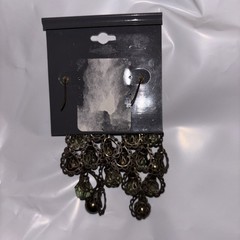 Retro Antiqued Bronze Tone Green Chandelier Dangle Earrings Glass Beads Filigree