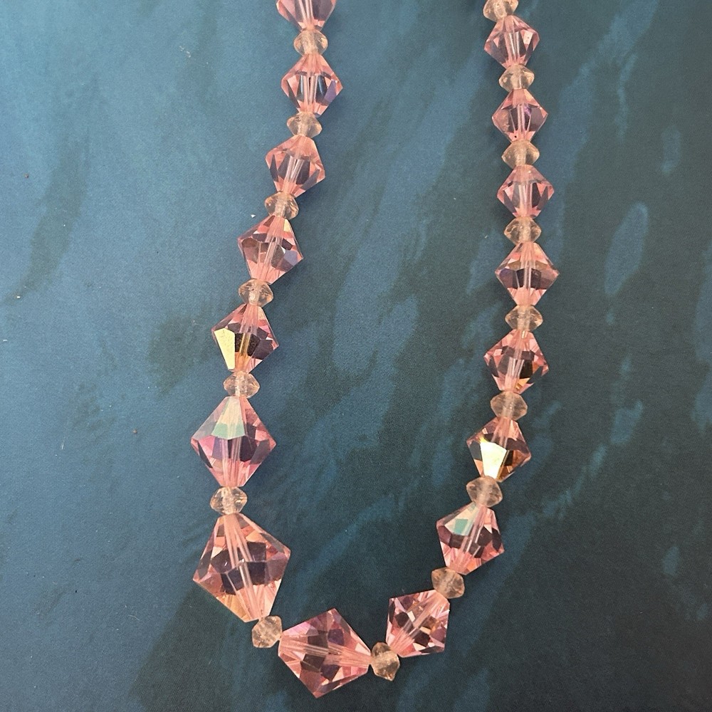 VTG Pink AB Crystal Bead Necklace Faceted Aurora Borealis Coated 1950s 21″