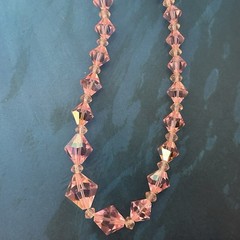VTG Pink AB Crystal Bead Necklace Faceted Aurora Borealis Coated 1950s 21″