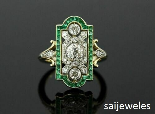 2CT Round Cut Lab-Created 3-Stone Art Deco Vintage Ring 14K 2-Tone Gold Finish