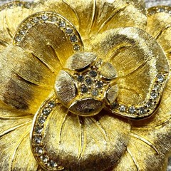 Vintage Christian Dior Flower pin in box Gold Tone Rhinestone 2.25 Inches Wide