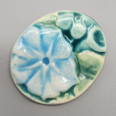 Vtg Morning Glory Brooch Blue Flower Glazed Ceramic Oval Floral Handpainted Pin