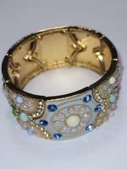 Vintage Wide Cuff Cloisonné Bracelet Ornate Enamel Rhinestone Gold-tone Jewelry