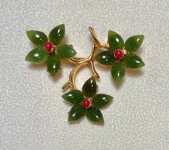 AUTHENTIC SWOBODA THREE FLOWER BROOCH ~ “A” QUALITY JADE, CORAL ~ BEAUTIFUL!