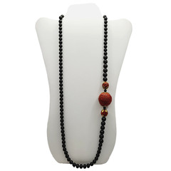 Asian Chinese Inspired Red Carved Cinnabar Black Onyx Bead Beaded Necklace 33 In