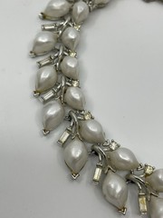 Vintage Lisner Faux Pearl Necklace Signed Rhinestone Floral Silver Tone MCM