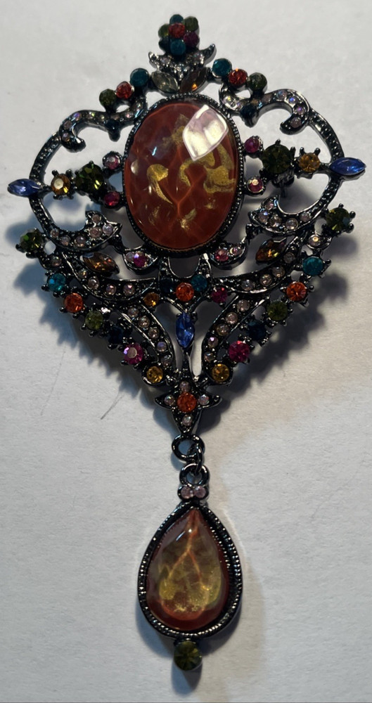 VTG Large Teardrop Brooch Pin Pendant With Rhinestones