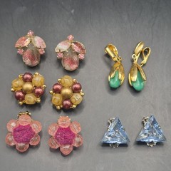 Vtg 5 Pairs Retro Clip-on Earrings Pink Blue Green Gold Tone Dangle Drop Stud
