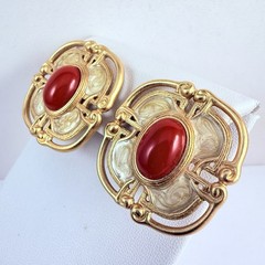 Vintage MONET Red Cabochon Enameled Matte Gold Tone Clip on Earrings