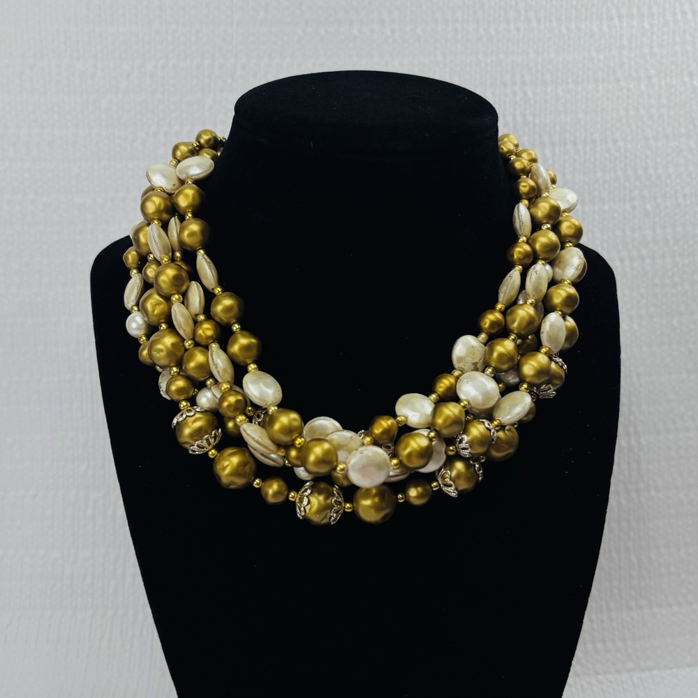 Vintage Japan 5 Strand Beaded Necklace Gold & White C956
