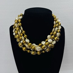Vintage Japan 5 Strand Beaded Necklace Gold & White C956