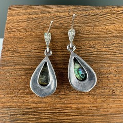 Vintage Earrings Sterling 925 Abalone Teardrop Dangle Pierced Marcasite READ