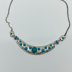 Vintage Silver Tone Turquoise Color Cabochon Statement Bib Necklace Retro Boho
