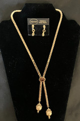 Vintage Monet Gold Tone Tassel Lariat Necklace & Pierced Earring Set 1970s 80s